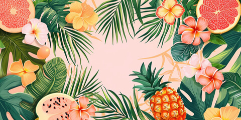 tropical background with fruits, orange, papaya and flowers, leaves. flora and botany - obrazy, fototapety, plakaty