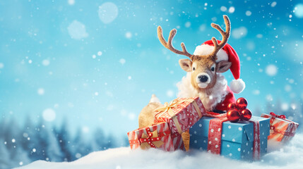 a reindeer with a santa hat and a gift