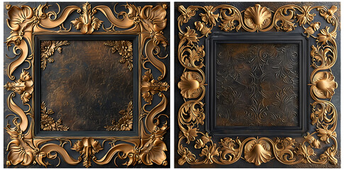 Dark square picture frame with beautiful golden decorations and elements. Mockup template.