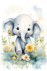 watercolor painting of cute elephant smiling. high quality illustration for kid.