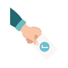 Hand voting ballot box icon. Hand putting paper in the ballot box. Voting concept. Vector illustration. Election and democracy campaign