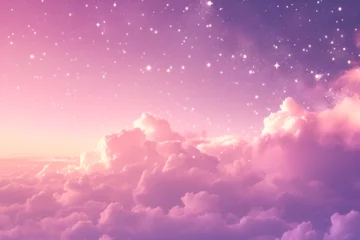 Fotobehang Beautiful aerial view above clouds at sunset, Beautiful cloudscape with blue sky and pink clouds. 3d illustration © Varun