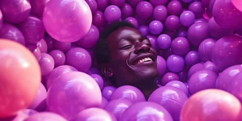 Fototapeta na wymiar smiling African man rolls in purple balls. pop Art