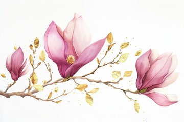 Magnolia branch isolated on white background. Hand drawn watercolor illustration.