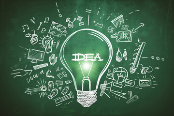 a brightly lit lightbulb against a green, chalkboard-like background. White sketches and text surround the bulb, symbolizing the evolution of an idea from innovation to success