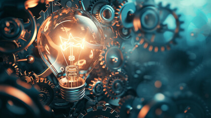 A conceptual image of a lightbulb surrounded by gears and circuits, representing the synergy of creativity and technology in innovation - obrazy, fototapety, plakaty