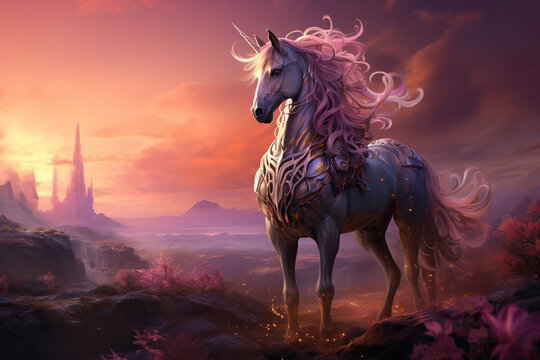 Magical unicorn on top of the mountains in the warm light of the sun. Generated by artificial intelligence