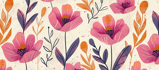 Fototapeta premium Delicate floral watercolor pattern, watercolor flowers and leaves, cute floral print. spring, botany and flora