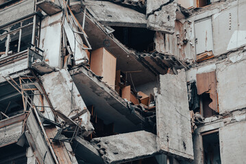 destroyed and burned houses in the city during the war in Ukraine