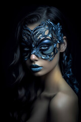 woman adorned with intricate blue patterns on their hair and skin against a dark background, ai generative