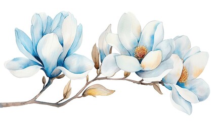 Watercolor blue magnolia branch isolated on white background