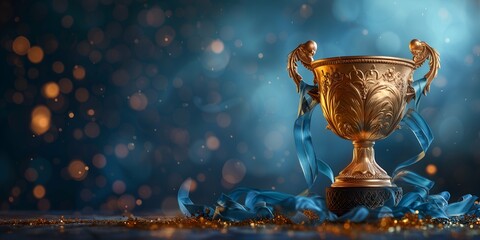 Trophy with red ribbon and confetti on bokeh background - obrazy, fototapety, plakaty