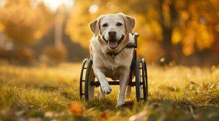 Adorable yellow labrador retriever sitting in wheelchair in autumn park