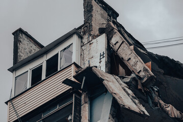 destroyed and burned houses in the city Russia Ukraine war