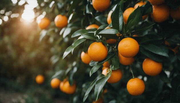 Bunch of fresh ripe oranges hanging on a tree in orange garden 