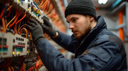 Engineer or electrician working with electrical panel in a power plant