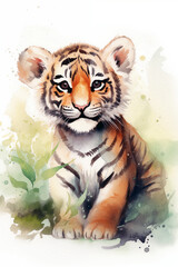 watercolor painting of cute tiger smiling. high quality illustration for kid.
