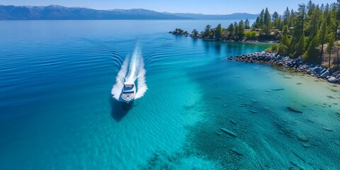 Aerial view of yacht in turquoise water. Aerial view of yacht in turquoise water.
