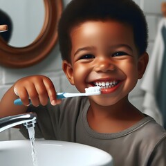 portrait of smiling little black boy brushing teeth in bathroom with toothpaste on toothbrush...