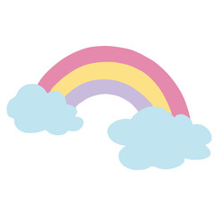 Hand drawn rainbow with cloud in kid colouring style for summer, picnic element, stickers, logo, icon, clip arts, tattoo, decorations, shirt print, card, social media