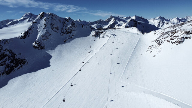Beautiful panoramic aerial  view of the ski track in Alps, Solden ski resort, Tyrol, Austria.