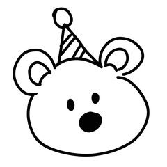 Kid drawing outline of teddy bear with party hat for birthday element, cartoon character, comic, mascot, toy, love sticker, fabric print, decoration, brand logo, icon, tattoo, ads, colouring book