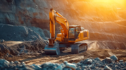 An excavator moves dirt on a construction site, earthmoving equipment, Site Preparation, Heavy Machinery - Powered by Adobe