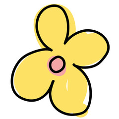 Hand drawn yellow flower in kid colouring style for floral stickers, logo, icon, clip arts, tattoo, decorations, shirt print, card, social media, plant, garden, spring, summer, ads, banner