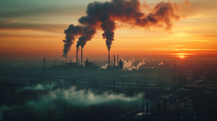 Sunset silhouette of an industrial plant emitting smoke against a polluted city skyline, blending...