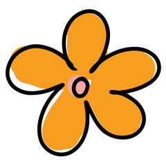 Hand drawn orange flower in kid colouring style for floral stickers, logo, icon, clip arts, tattoo, decorations, shirt print, card, social media, plant, garden, spring, summer, ads, banner