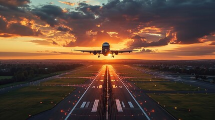 An airplane take off from airport in the evening. - obrazy, fototapety, plakaty