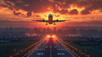 An airplane take off from airport in the evening.