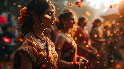 Deurstickers A woman of Indian descent, elegantly attired in traditional clothing and adorned with jewelry, performs a culturally rich dance at a wedding.  Generative AI © masanyanka