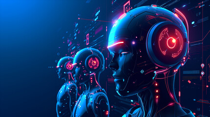 Futuristic Robotic Illustration for Mobile Design with Digital Holographic Platform. AI chat bot based on artificial intelligence, neural networks. 3D vector illustration isolated on blue background