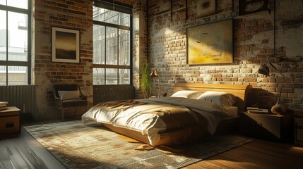 3d rendering of a bedroom interior in loft industrial style. Ai generative.