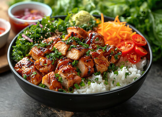 Close-up of delicious pulled chicken with colorful vegetables on rice in a black bowl