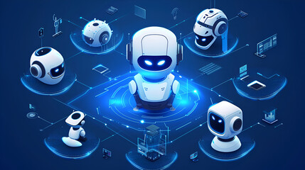 Futuristic Set of AI Robots and Digital Brain Concept on a Blue Background. AI robot bot. Chat, chatbot technology, 3d vector illustration artificial icon