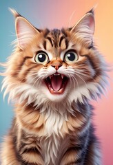 Fototapeta premium The cat looks with big eyes, is surprised and indignant, meows. cyclic rendering