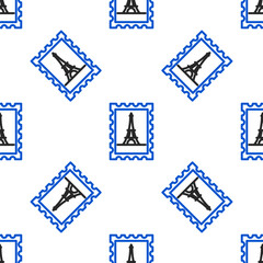 Line Postal stamp and Eiffel tower icon isolated seamless pattern on white background. Colorful outline concept. Vector