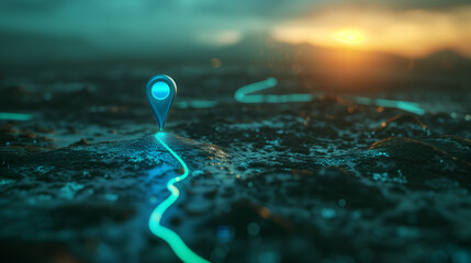 Wavetracing map navigation technology design concept with dark azure and sky-blue marker on...