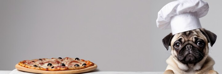 Banner - A trendy pug dog in chef attire with a pizza, ideal for advertising pizzerias and pizza delivery against a sleek light grey background.