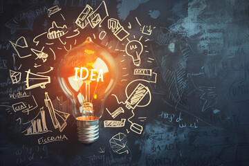 A brightly lit lightbulb against a dark, chalkboard-like background. White sketches and text surround the bulb, symbolizing the evolution of an idea from innovation to success.