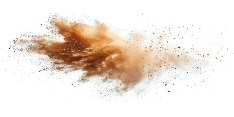 a brown splash painting on white background, brown powder dust paint beige brown explosion explode burst isolated splatter abstract. brown smoke or fog particles explosive special effect - obrazy, fototapety, plakaty