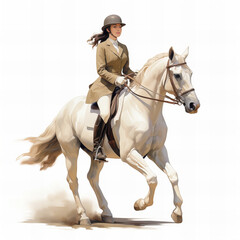 Fototapeta na wymiar Elegant Equestrian: Female Rider on Majestic White Horse in Traditional Riding Attire with Helmet and Boots
