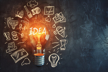 A brightly lit lightbulb against a dark, chalkboard-like background. White sketches and text surround the bulb, symbolizing the evolution of an idea from innovation to success.