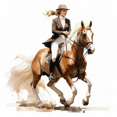 Elegant Equestrian Lady on Majestic Horse in Dynamic Motion - Artistic Illustration for Equine Enthusiasts and Lifestyle Imagery - obrazy, fototapety, plakaty