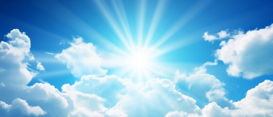 Naklejka na ściany i meble Summer weather / cloudscape landscape background banner - Blue sky with clouds and sun sunshine sunbeams sun rays