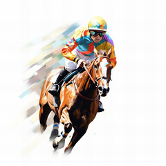 Dynamic Horse Racing Action: Jockey in Vibrant Silks on Galloping Thoroughbred - Illustration Perfect for Sports and Equestrian Themes.