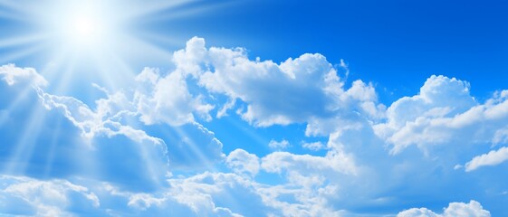 Summer weather / cloudscape landscape background banner - Blue sky with clouds and sun sunshine sunbeams sun rays - obrazy, fototapety, plakaty