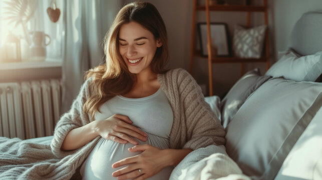 Young girl kissing belly of her pregnant mother. Caucasian girl kissing belly of pregnant mother. Pregnant mother and daughter having fun time at home. Happy for the new sister. Girl touching pregnant